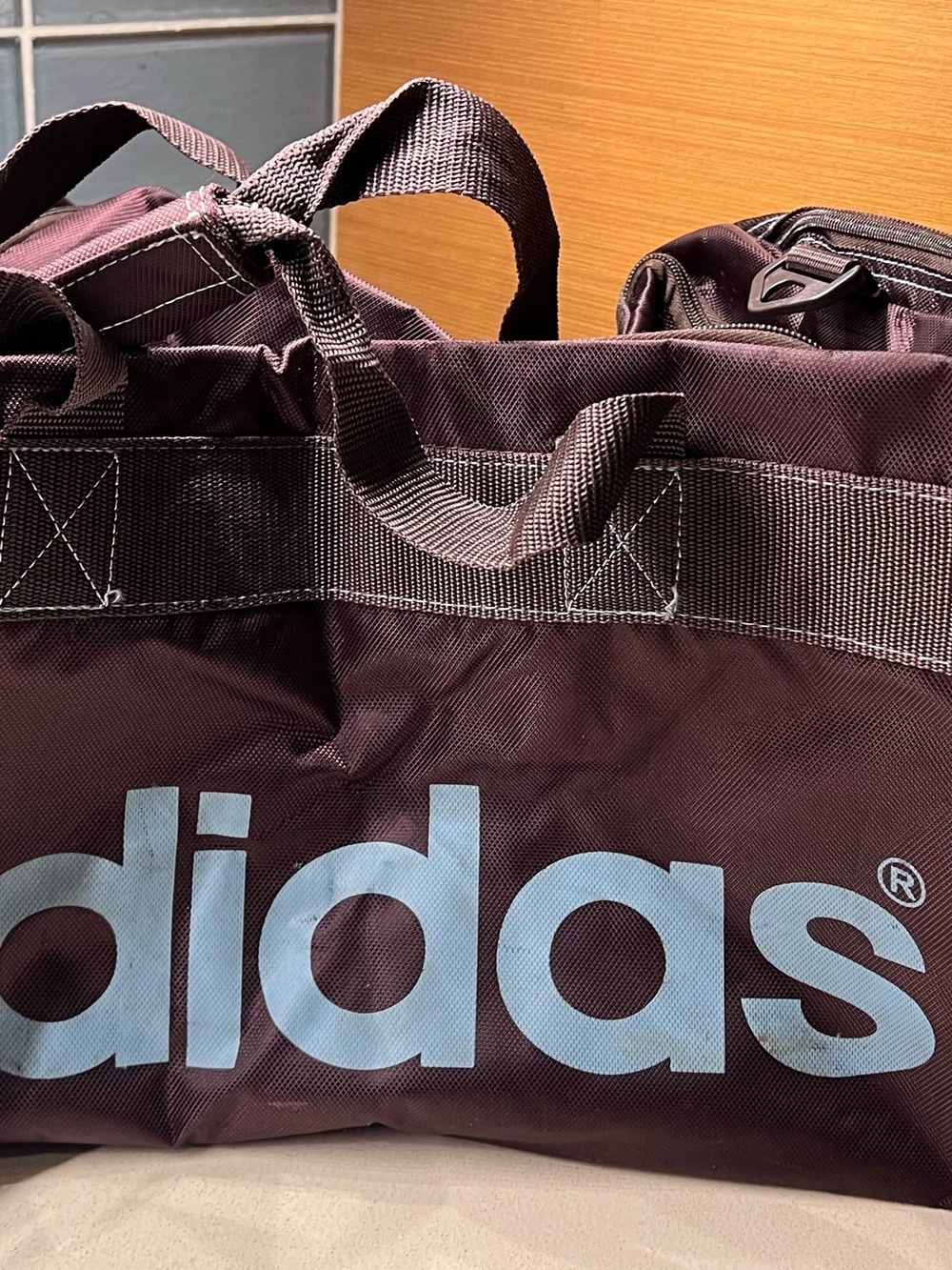 adidas Maroon Duffel with Light Blue Logo